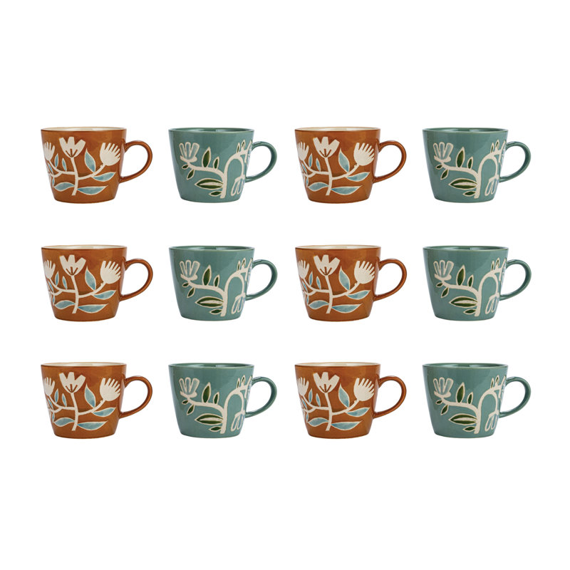 Hand-Painted Botanical Ceramic Mugs in Orange and Green, Set of 2