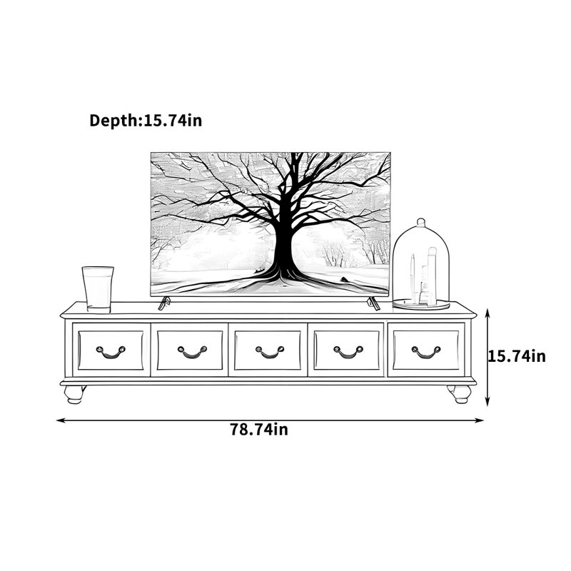 Meuble télé en bois massif avec pieds en bois, H 15,74 po x L 78,74 po x l 15,74 po