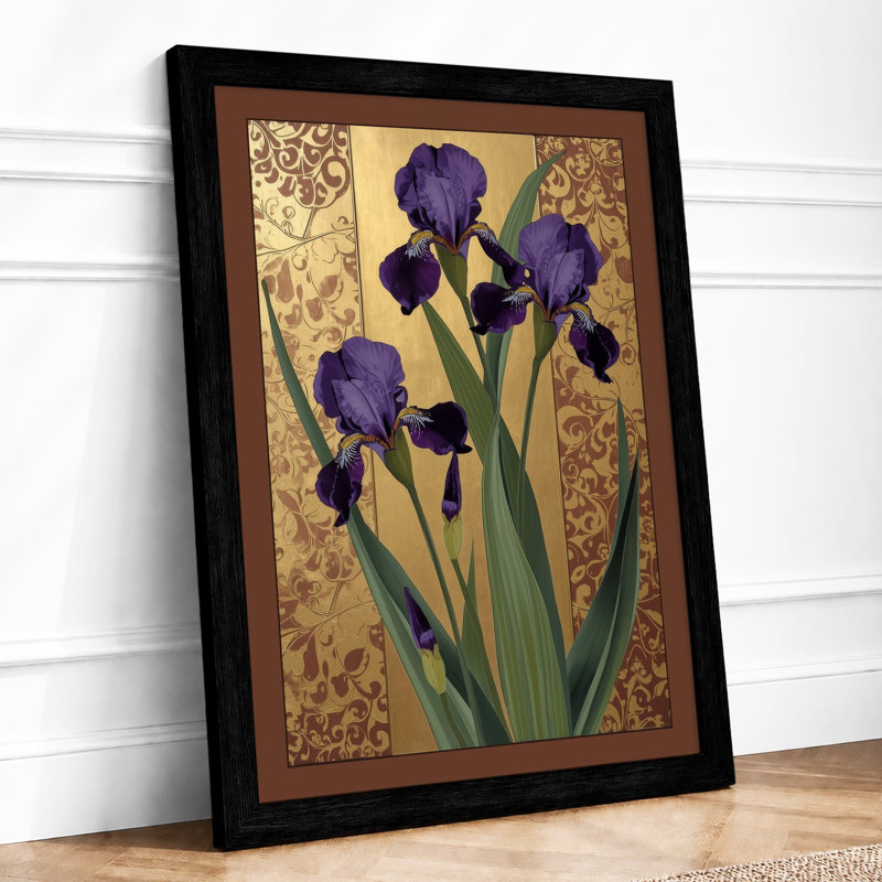 Irises Against Damask Botanical - Framed Print, A4 - 29.7 x 21.0 cm, Black