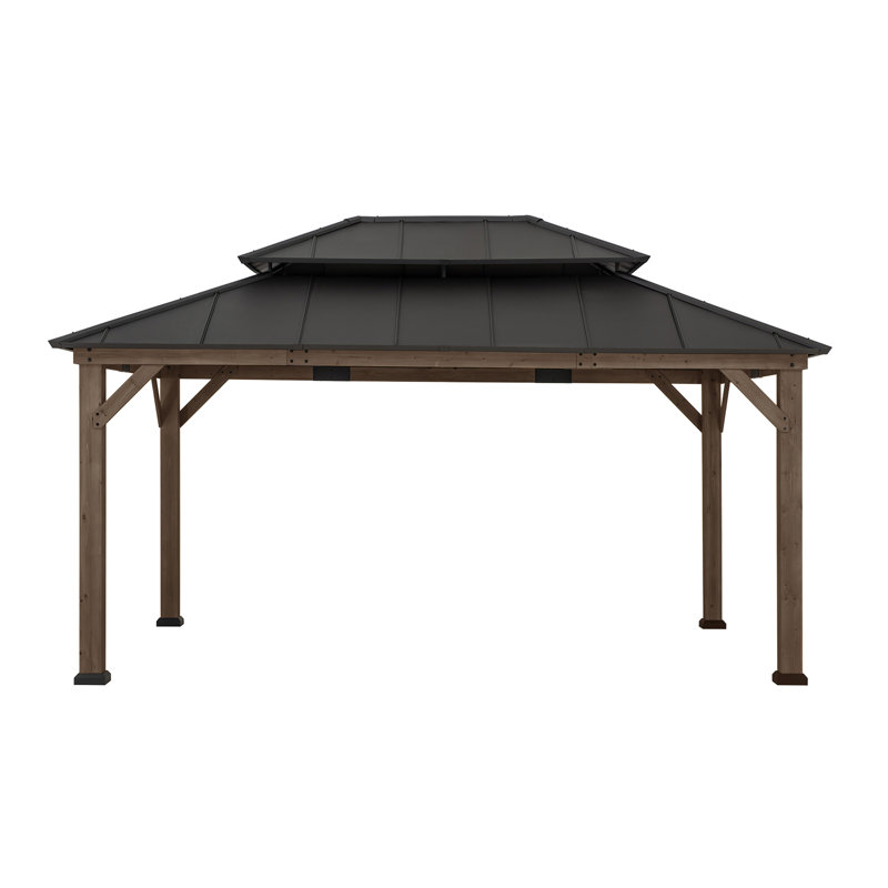 Sunjoy 12x16 ft. Wood Gazebo, Outdoor Patio Steel Hardtop Gazebo, Cedar Framed Wooden Gazebo with 2-tier Metal Roof, Suitable for Patios, Lawn, and Backyard, Dark Brown