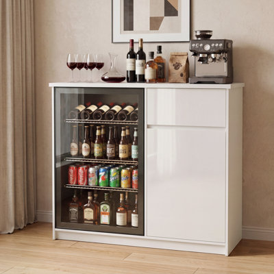 Meuble-bar à café de 97 cm avec mini-réfrigérateur et prise électrique, coin café, meuble-bar à vin moderne avec tiroirs de rangement, étagère réglable et porte-verres, buffet pour la maison, blanc