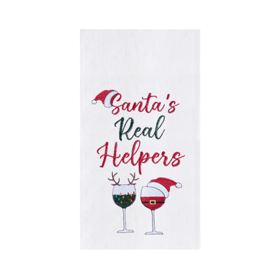 Christmas Theme "Santa's Real Helpers" Red & White Wine Glasses Cotton Flour Sack Kitchen Dish Towel Decor Decoration  27L x 18W in.
