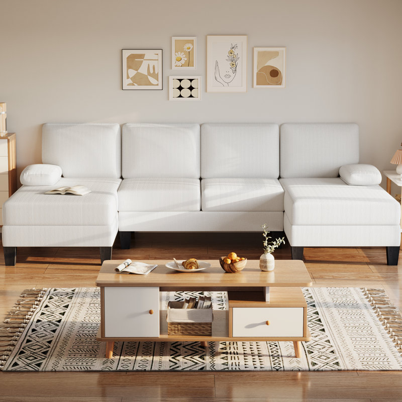 U-shaped Sectional Sofa, Couch For Living Room, Beige Corduroy