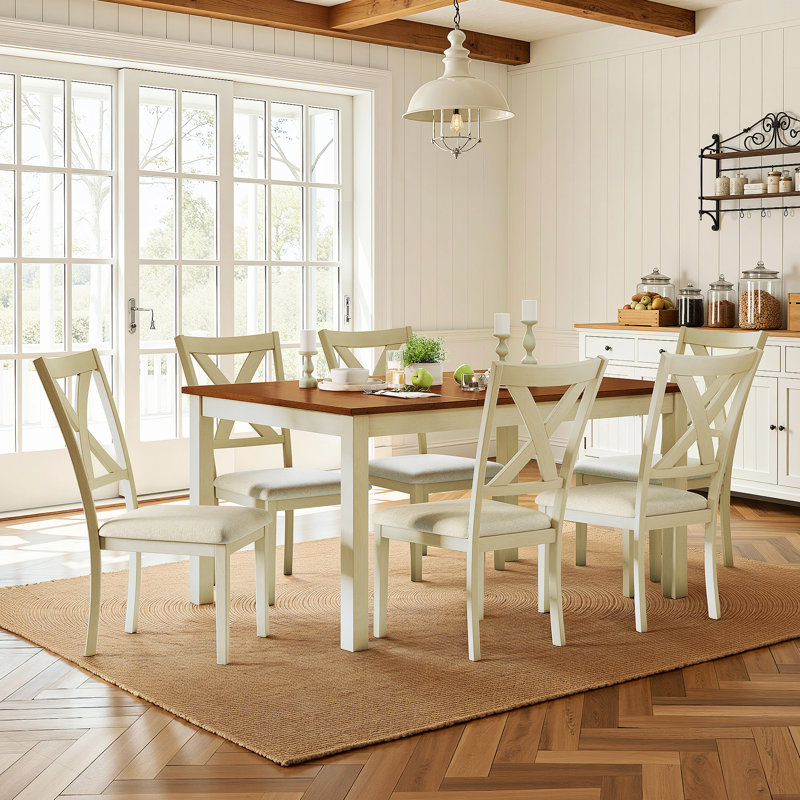 Deral 6 - Person Farmhouse Rectangular Solid Wood Dining Set, Brown/White, Brown/White, White