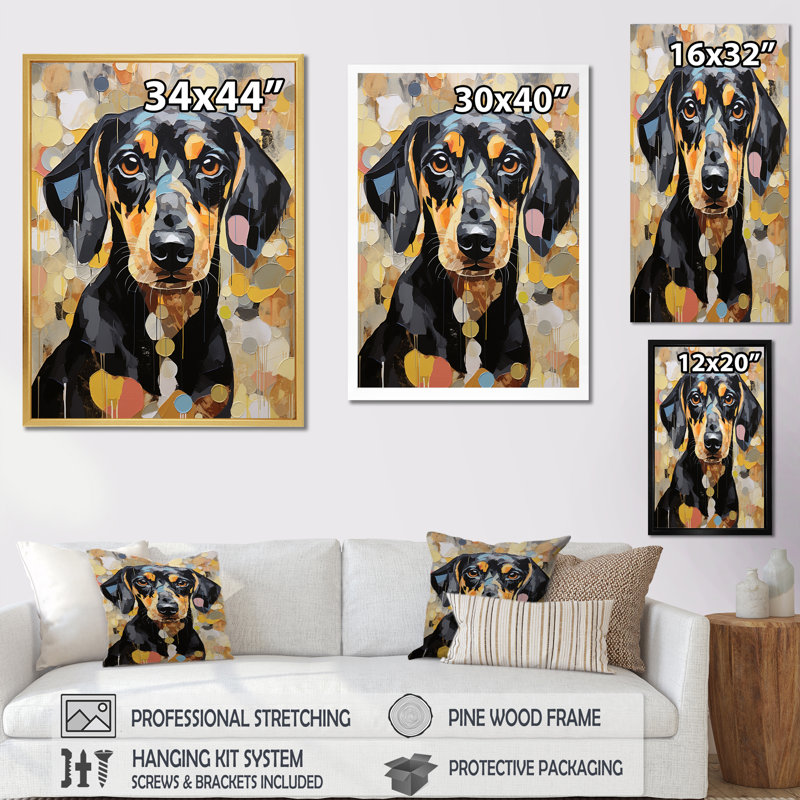 Drôle de daschund sur toile, Cadre flottant doré, H 44 po x l 34 po x P 1,5 po
