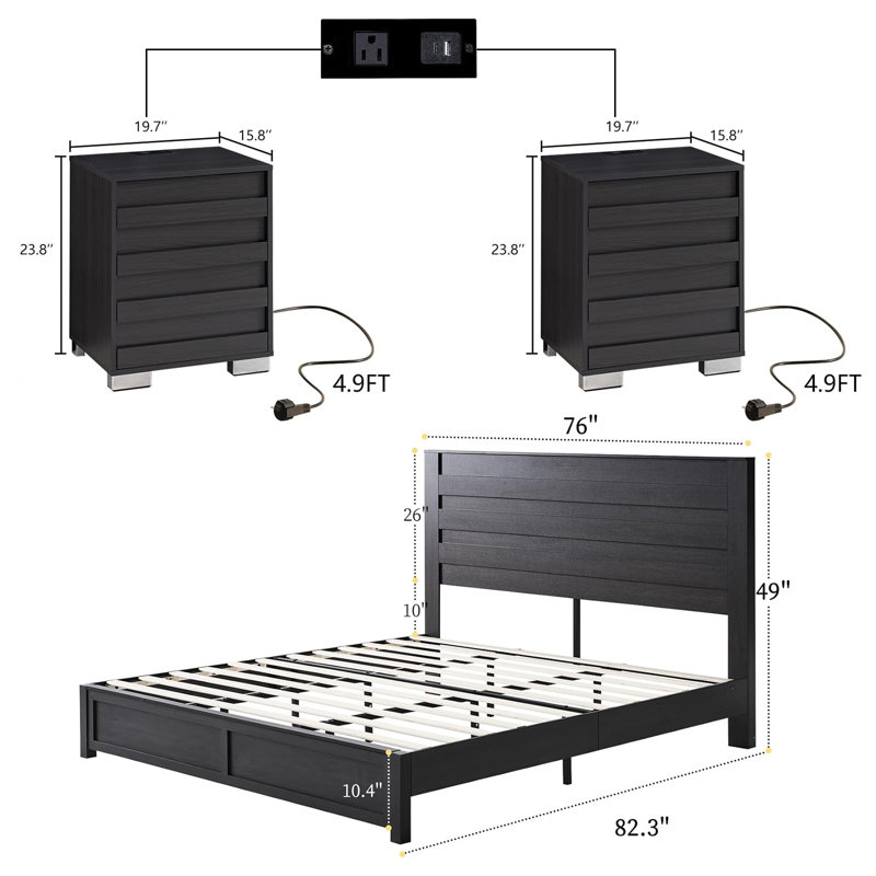 Ensemble de chambre avec lit plateforme et table de chevet 3 pièces Louby, Noir, Très grand