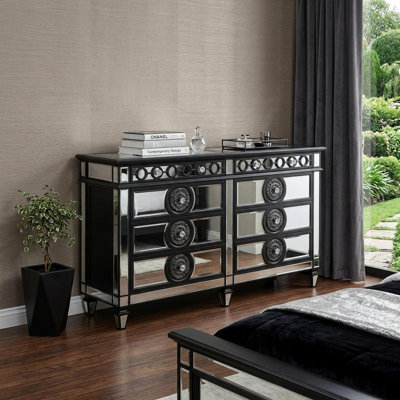 Fawne 68 Inch Modern Dresser, 8 Drawers, Crystal Knobs, Wood, Black, White