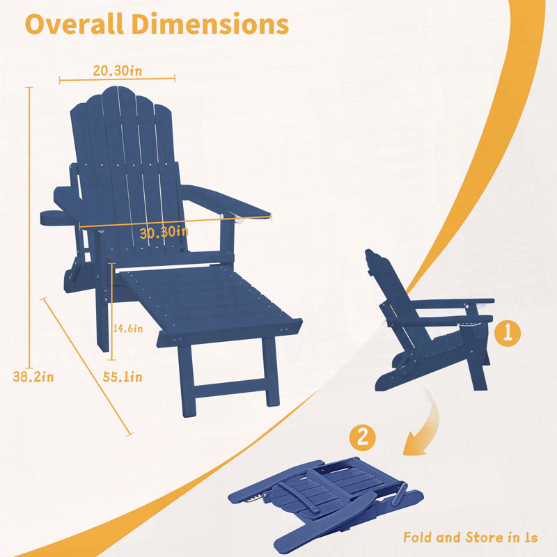 Chaise Adirondack pliante avec porte-gobelet - dossier réglable à 5 positions, matériau HPS