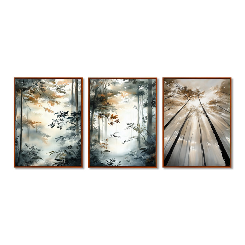 Sunlit Canopy Rainforest - Forest, impression sur toile à 3 panneaux, 32" H x 72" W, Brown Floater Framed