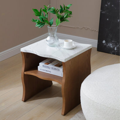 Table de bout moderne avec tablette de rangement 17,72 po Whisper Of Waves, plateau en faux marbre avec base en placage de bois massif, table de chevet, table d'appoint décorative pour le salon