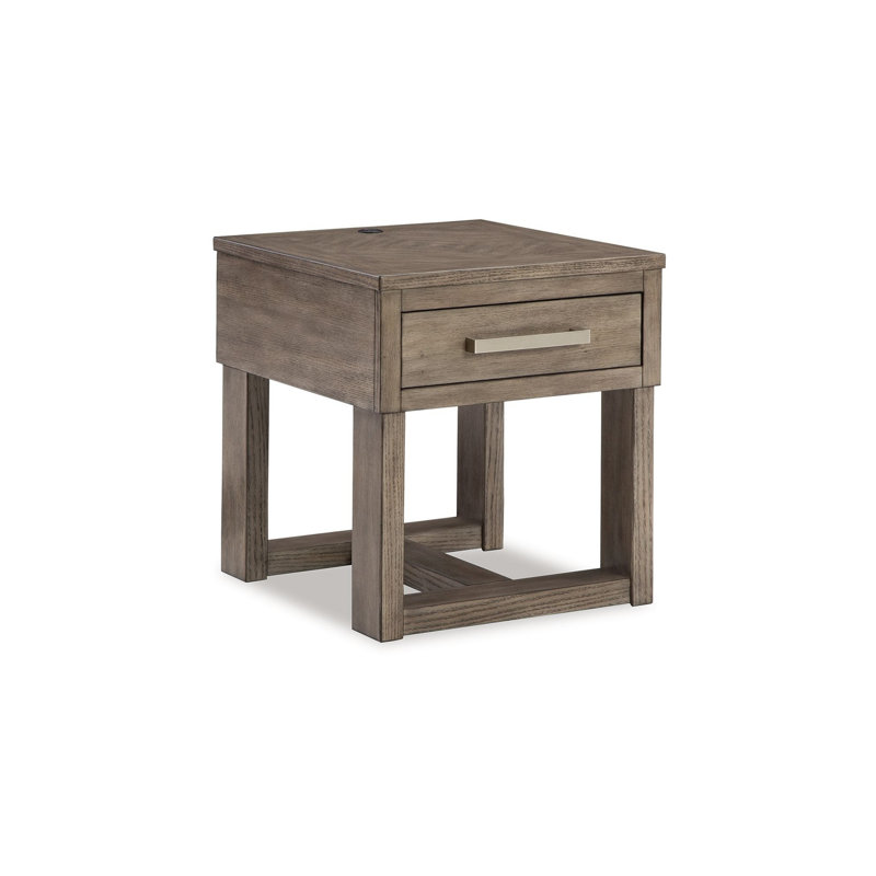 Aska Rectangular Side End Table With Drawer, USB Port, 24 Inch Grey