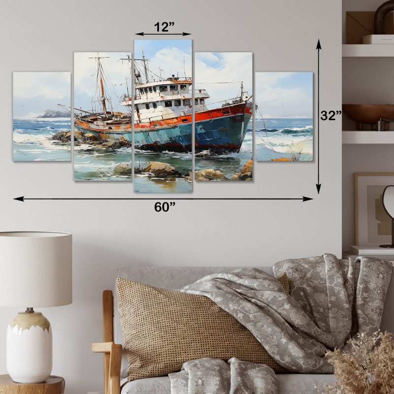 Nautique, bateau, pêche, aventure - Bateau côtier, ensemble de décorations murales multiples
