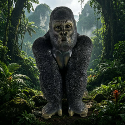 Figurine gorille réaliste de 26,38 po de hauteur, statue de gorille à dos argenté en résine de 17,72 po de largeur, grande sculpture de jardin d'extérieur pour la faune et les décorations à thème