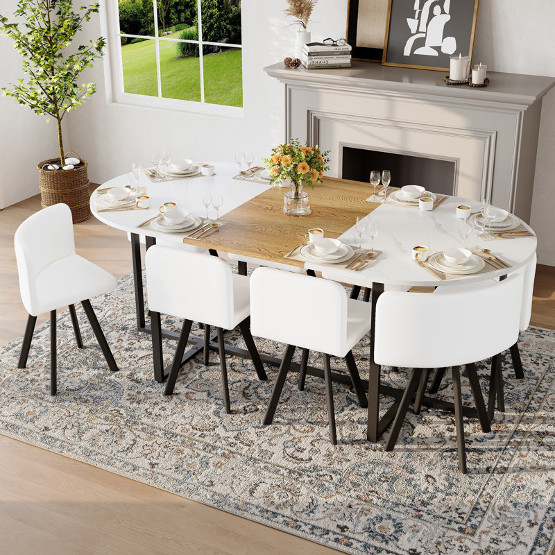 Ensemble de table de salle à manger élégant 9 pièces, simili marbre et cuir, décoration intérieure moderne