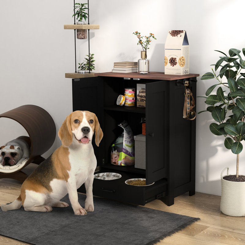 Dog Feeding With Hidden Eating Ware, Adjustable Panel & Hooks For Medium Dogs, Black Setup Bowls,