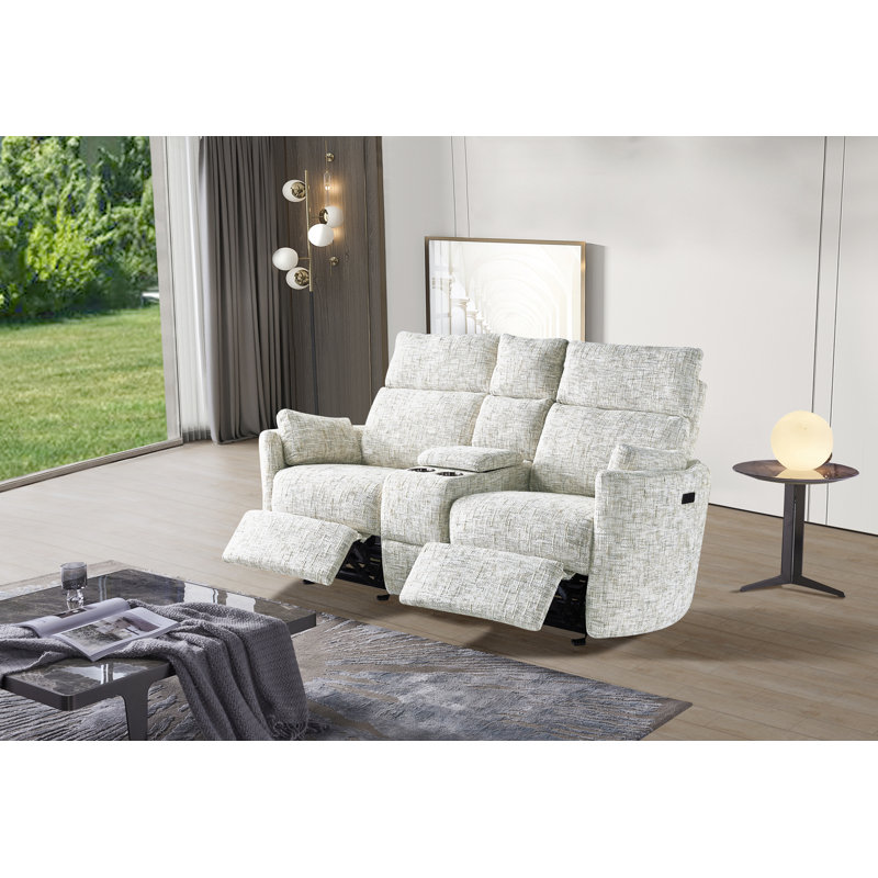 Élégant canapé en tissu d'ameublement inclinable en tweed avec porte-gobelet et console de rangement, Blanc