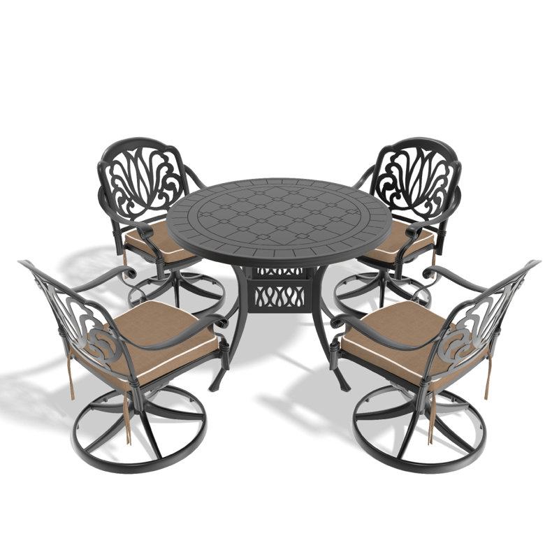 L'ensemble de salle à manger en aluminium coulé Allweather comprend des chaises pivotantes et une table ronde de 39,37 po avec un cadre noir
