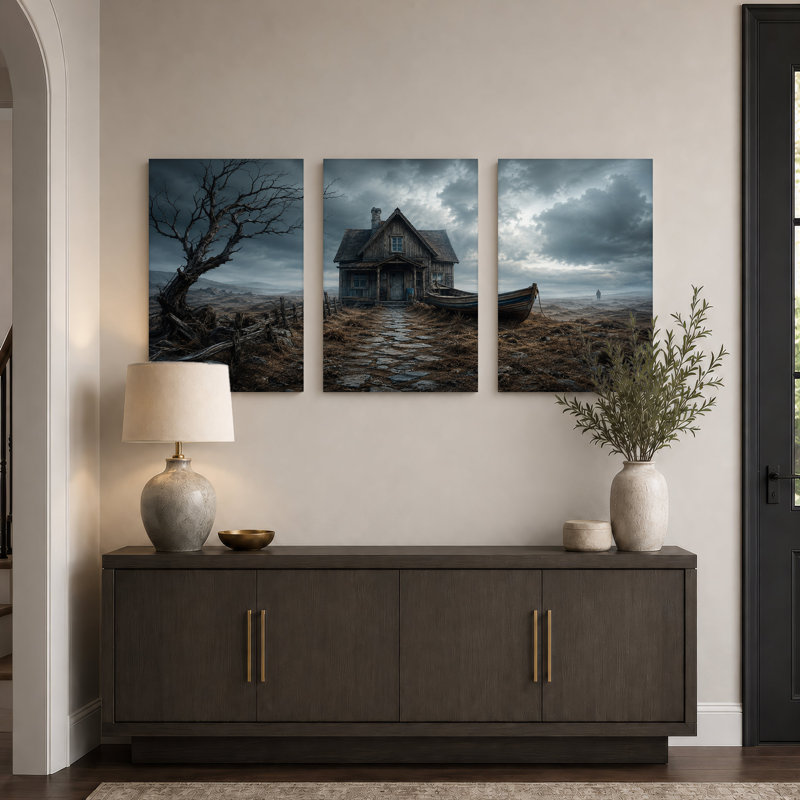 Maison et bateau patinés par le temps sous une tempête d'Halloween - Ensemble de 3 toiles murales, 36"H x 24"W x 3pcs
