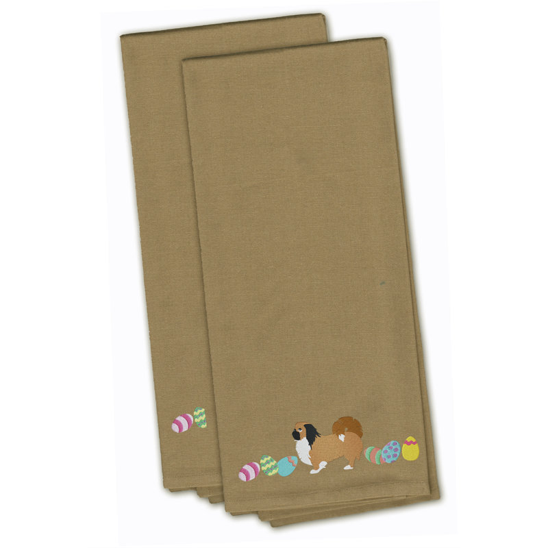 Serviette de cuisine à thé brodé pékinois pâques, Brun clair, H 28 po x l 19 po x P 0,1 po
