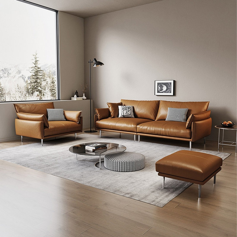 Ensemble de salon en cuir véritable orange 3 pièces