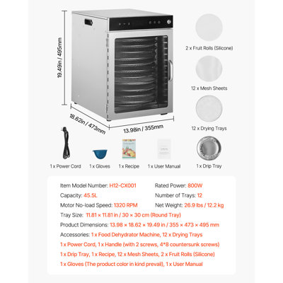 Déshydrateur alimentaire rotatif, 12 plateaux en acier inoxydable, séchoir électrique 800 W avec température réglable et minuterie de 24 heures, déshydrateur pour viande séchée, viande, fruits, légumes, herbes, friandises pour chiens