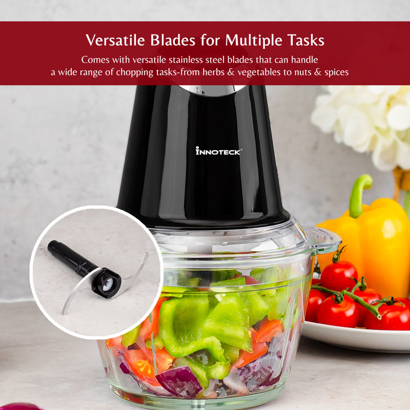 1Litre 2 Speeds 500W Mini Chopper with Clear Glass Bowl and Stainless Steel Blades