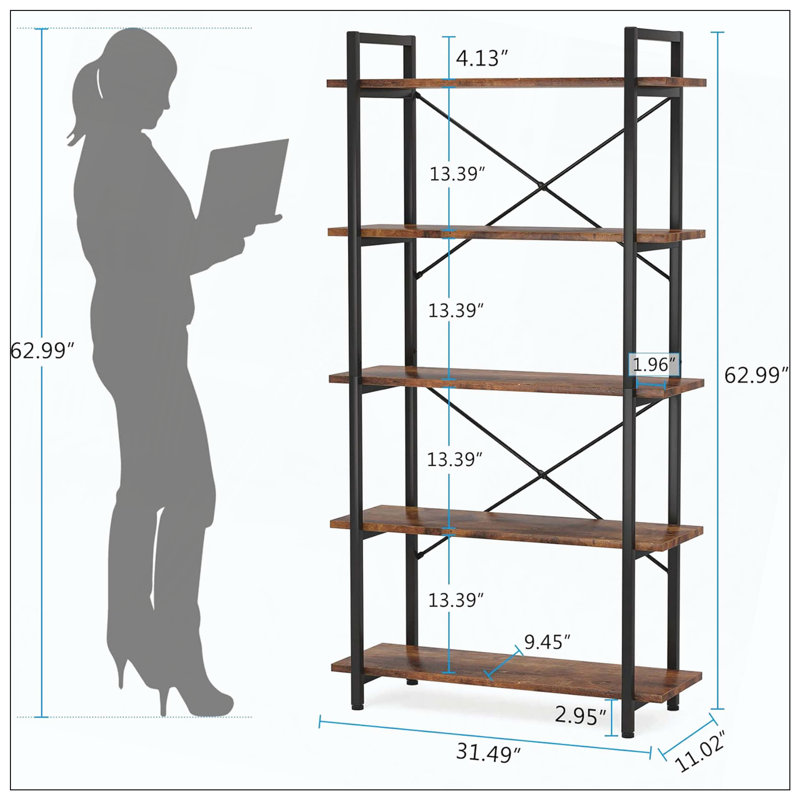 5-Tier Industrial Metal Bookshelf Unit Rustic Brown