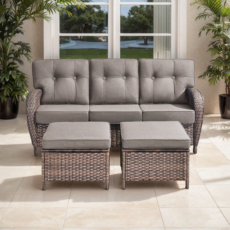 Agnes All-Weather Wicker Sofa Set With T-Back Cushions And Ottomans, Gray