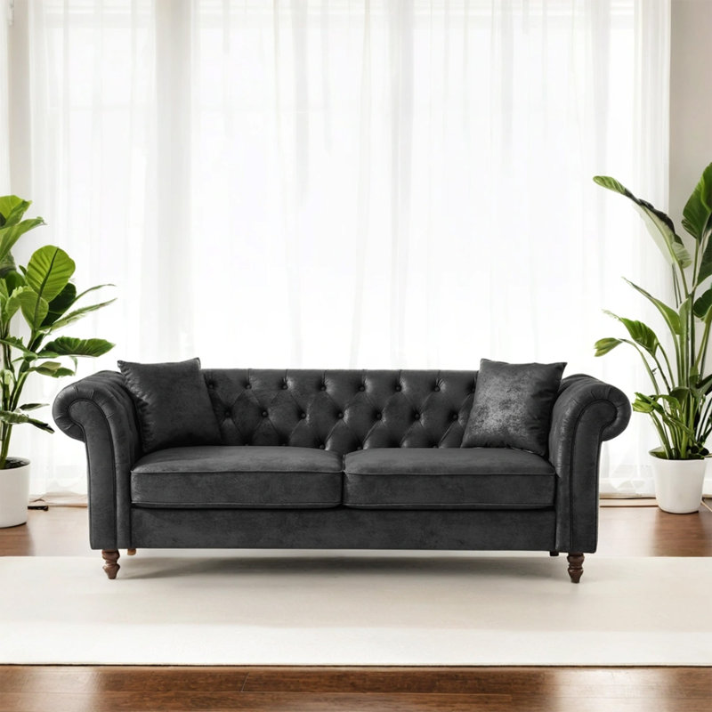 Canapé en tissu 83 po Chesterfield ‌tech, canapé à accoudoirs roulés en tissu de haute technologie, canapé rembourré de style Mid-Century, canapé 3 places pour le salon, le bureau, l’appartement, noir