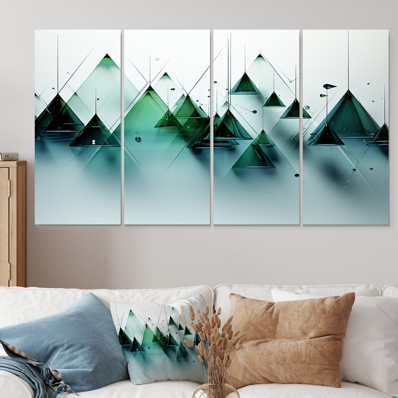«Green Abstract Echoes of Piramid VI», ensemble d'art mural abstrait géométrique 4 pièces, H 32 po x l 64 po