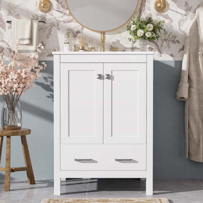 Meuble-lavabo de salle de bain avec lavabo en céramique avec 2 portes et 1 tiroir