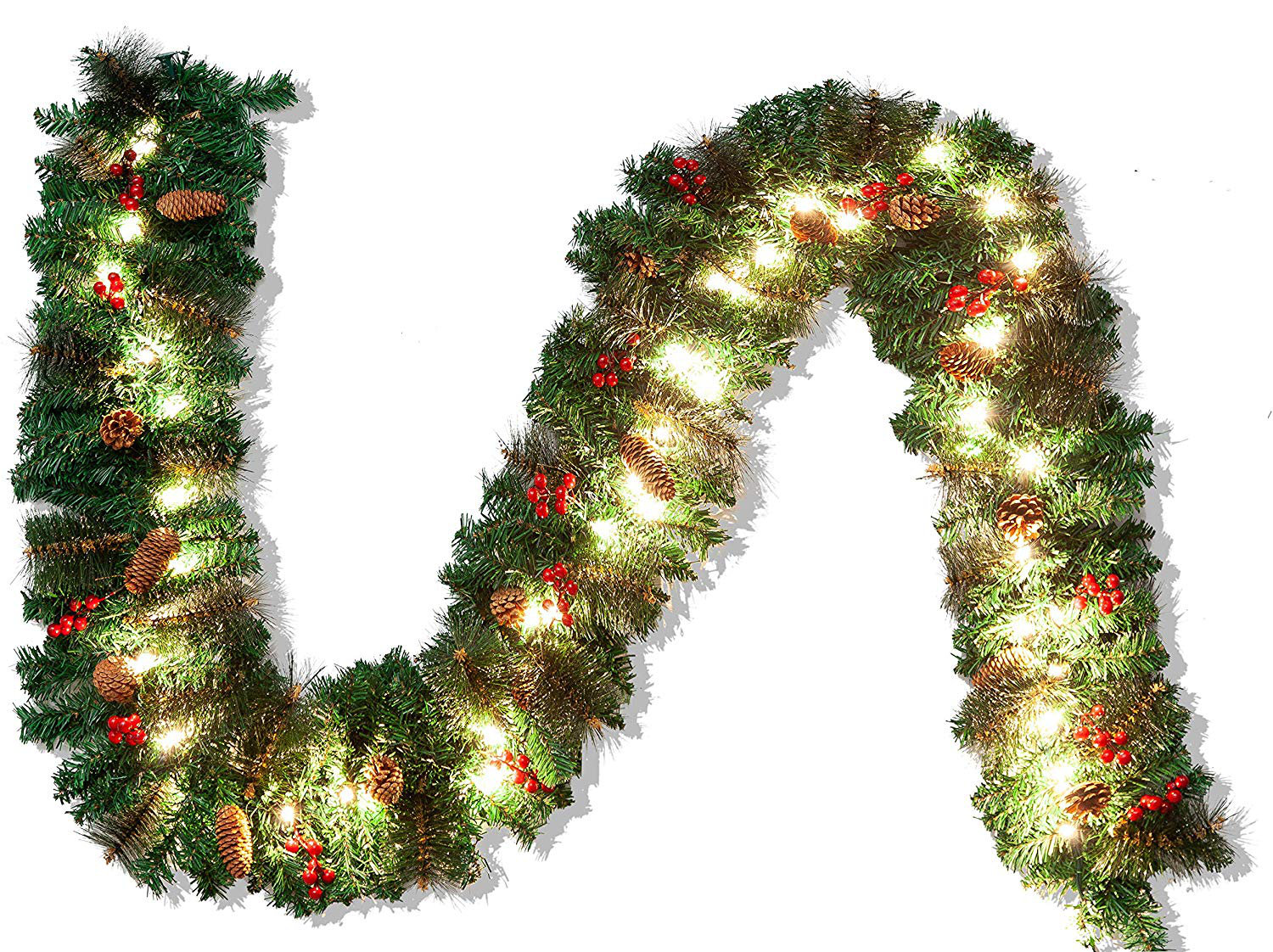 The Holiday Aisle® 9 Ft Christmas Garland Prelit with 50 Lights, Bristle, Pine Cones, Holly Berries for Outdoor & Indoor Christmas Decorations & Reviews | Wayfair