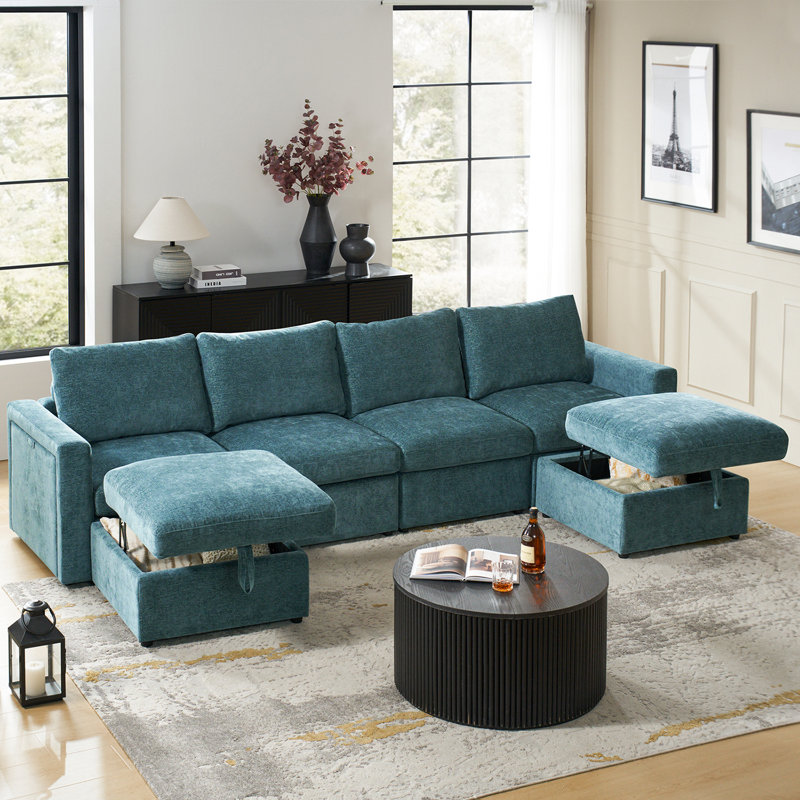 Doulyn 6-Piece Storage Modular Sectional Sofa with Multi-Functional Armrests, Green Polyester Blend
