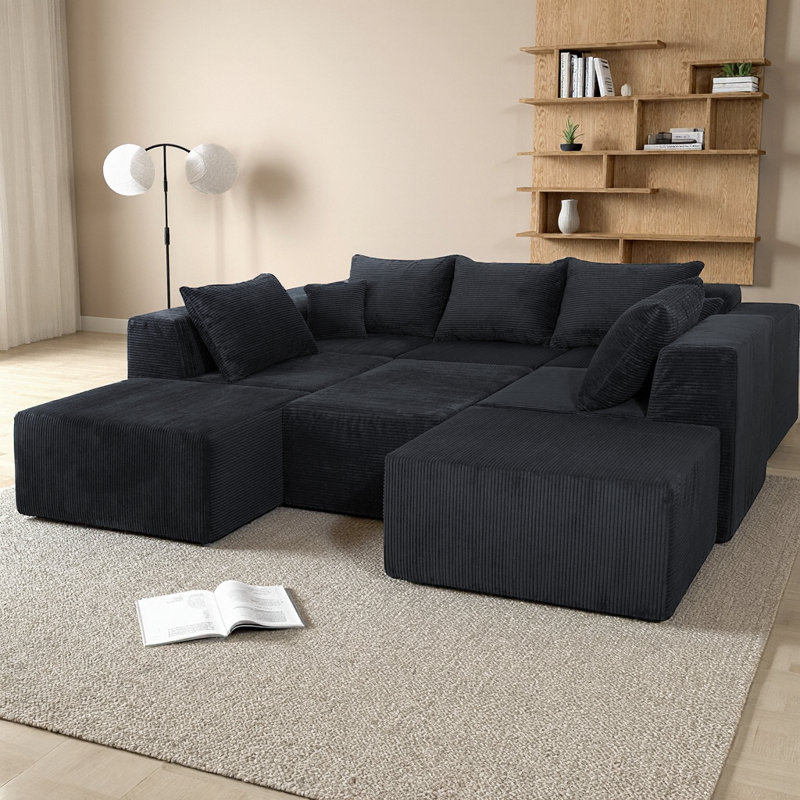 Canapé modulaire modulaire en forme de U, grand canapé convertible 8 pièces avec repose-pieds, chaise longue et lit surdimensionnés, revêtement en velours côtelé de luxe, aucun assemblage requis
