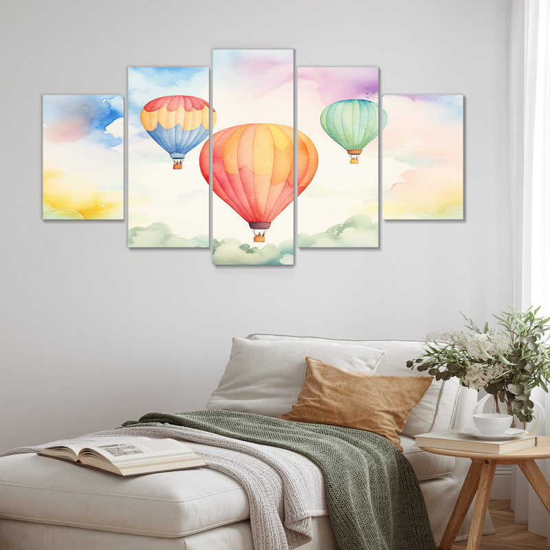 Vert et rouge, aquarelle, montgolfière, horizon III - montgolfière, art mural multipanel