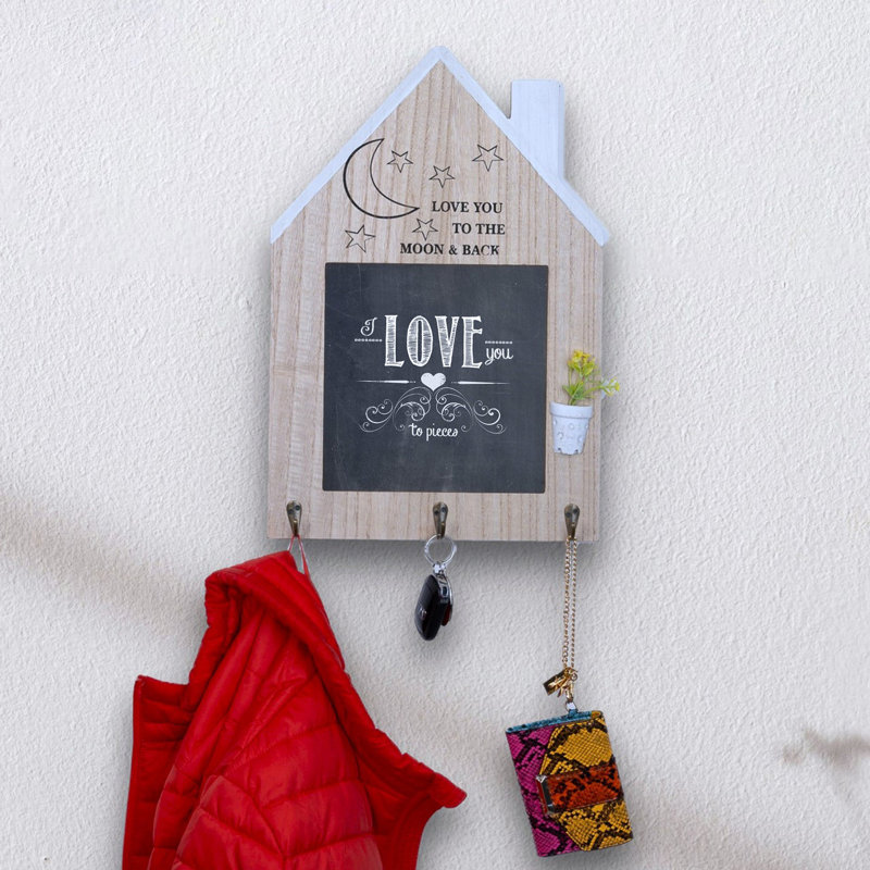 Porte-clés en bois brun et noir Joneer avec tableau noir et crochets