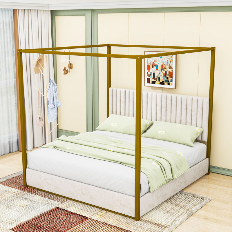 Lit plateforme tapissier avec tête de lit et auvent, Beige, Très grand lit
