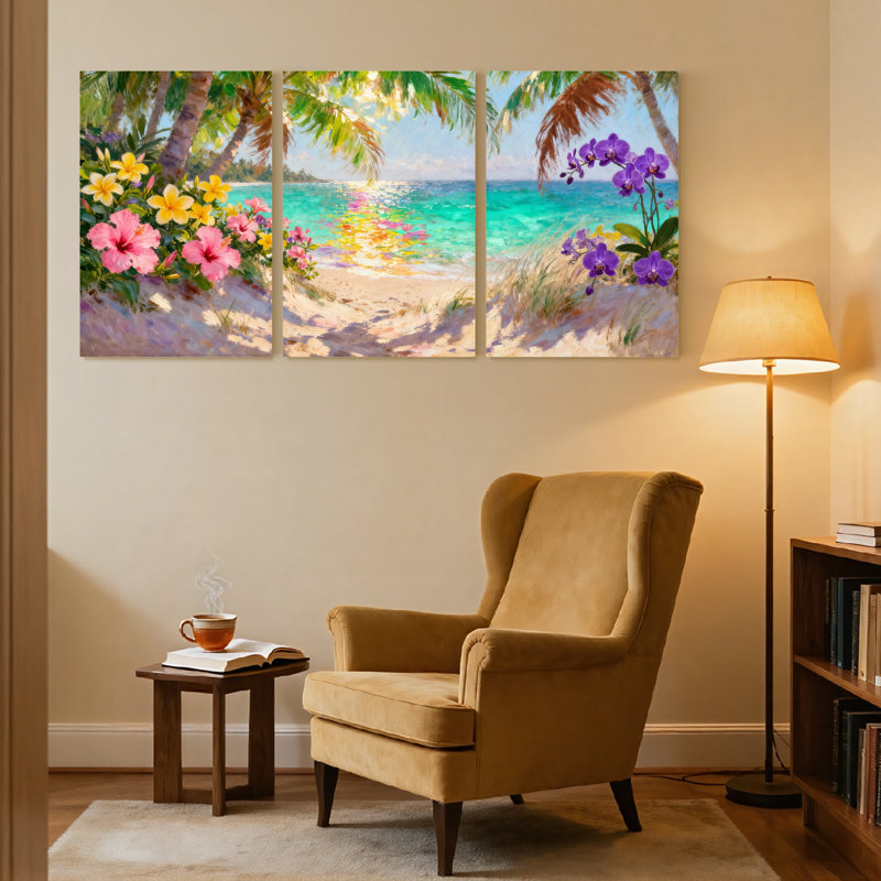 Ensemble de 3 impressions sur toile, plage tropicale avec fleurs colorées et palmiers, H 24 po x l 48 po
