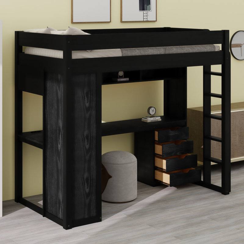 Lit mezzanine peu encombrant, bureau fonctionnel en L, tiroirs et tablettes ouvertes, Twin, Black