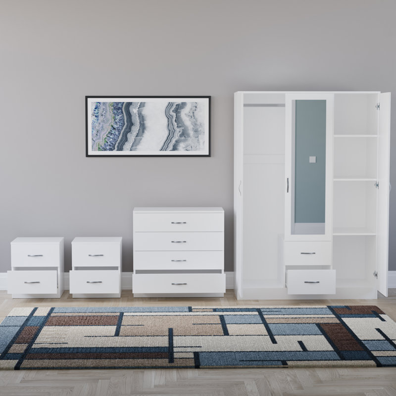 Tayce 4 Piece Bedroom Set (2 Drawer Bedside Chest, 4 Drawer Chest, 3 Door 2 Drawer Mirrored Wardrobe), White