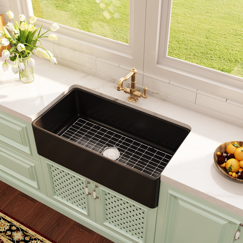 Athena 33" L x 18" W Farmhouse Kitchen Sink with Sink Grid and Basket Strainer, Matte Black