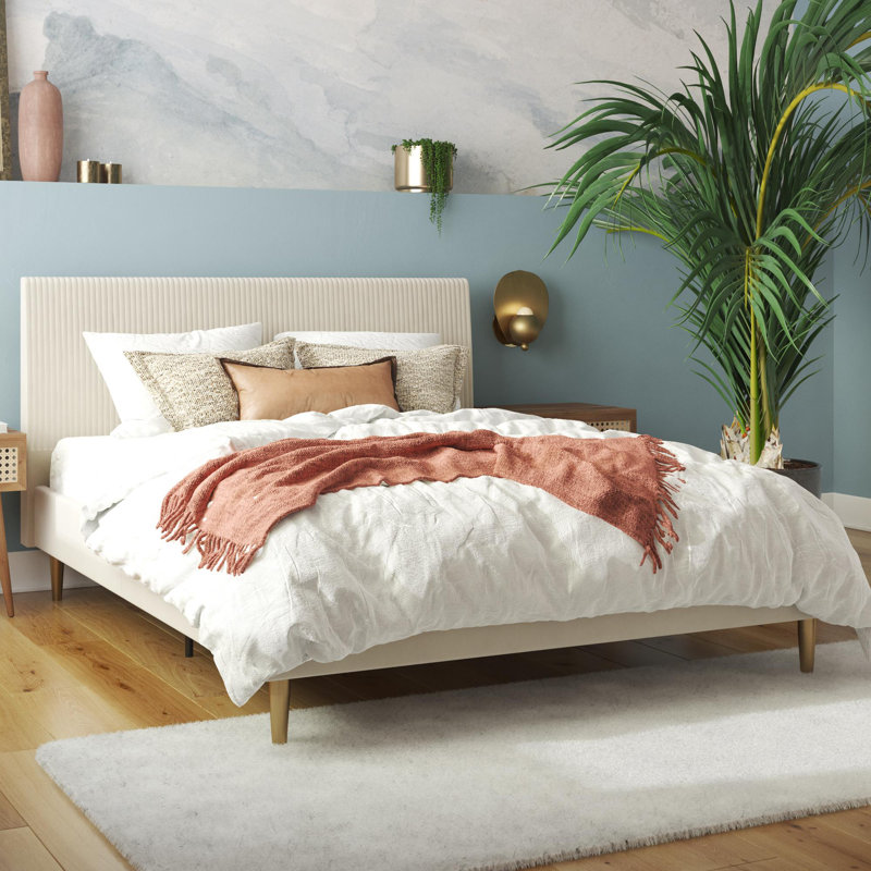 Daphne Upholstered Platform Bed, Queen, Ivory Velvet