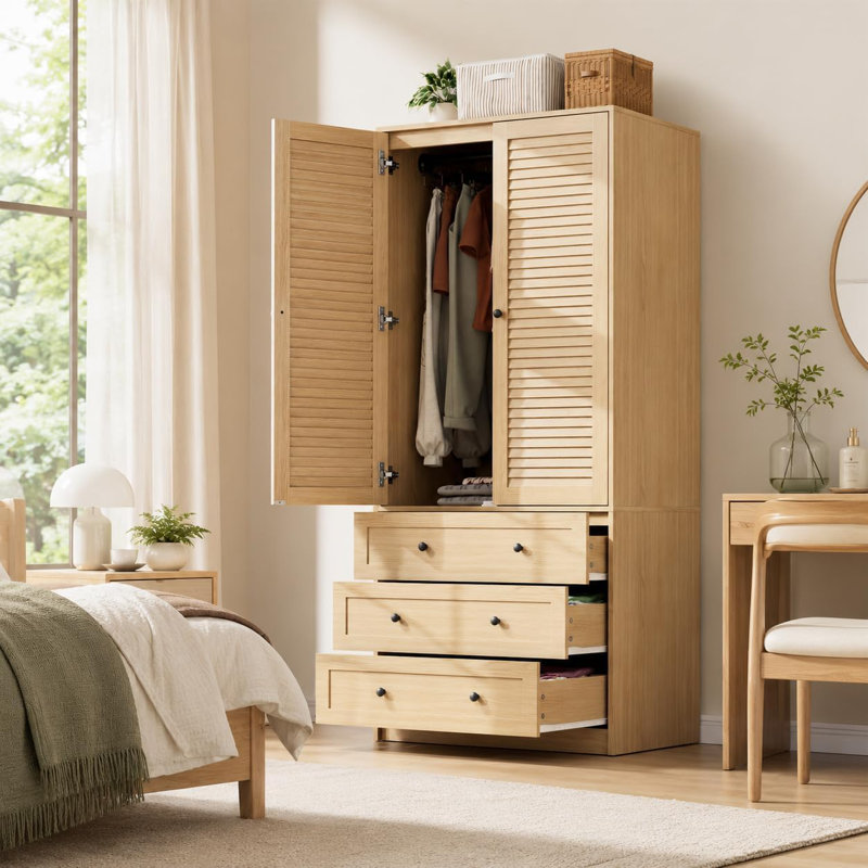 Armoire 70 po en bois avec 2 portes et 3 tiroirs, armoire de rangement pour chambre à coucher, Natural