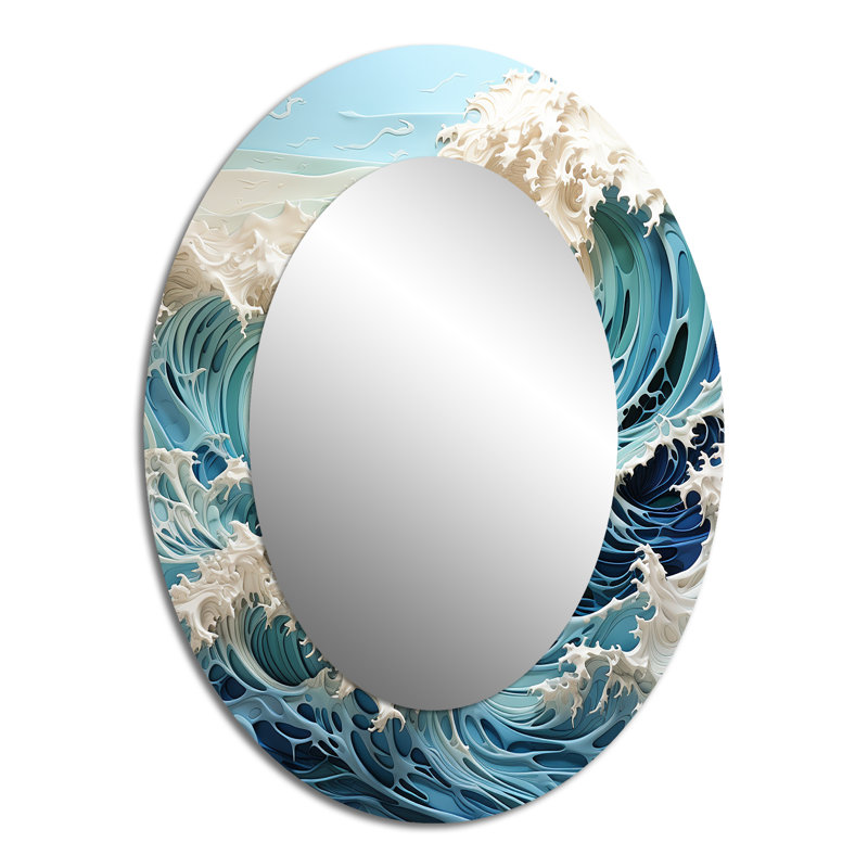 Blue Kinetic Waves I - Grand miroir mural ovale sur métal, 40 po x 30 po