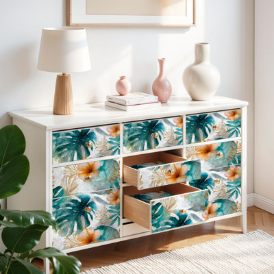 Peel and Stick Wallpaper Contact Paper Tropical Watercolor Botanical Seamless Hibiscus Leaves Self Adhesive and Removable 17.7in x 118in(45x300cm)
