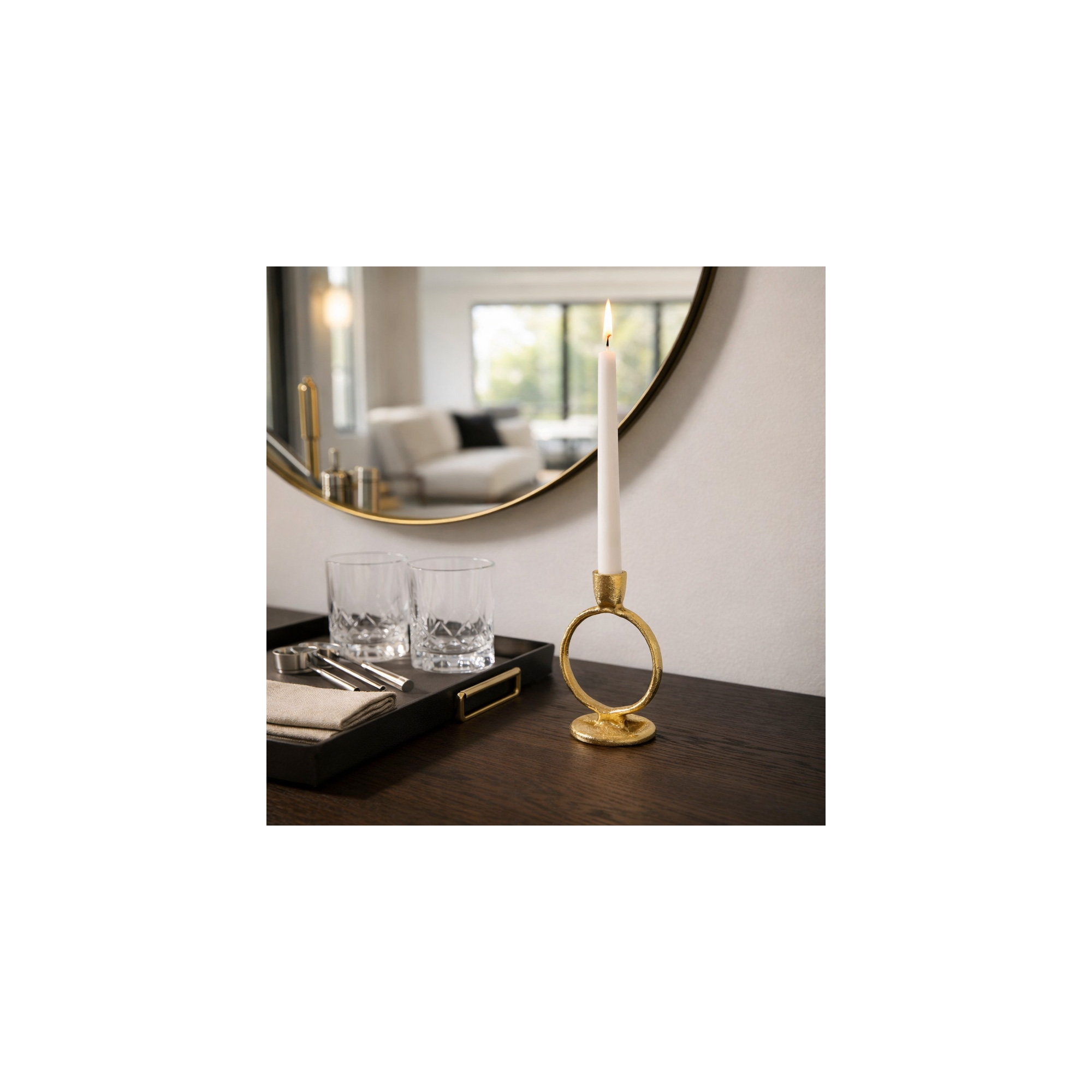 Sagebrook Home Hayslett Aluminum Metal Ring Taper Candle Holder - Elegance for Your Space, Gold, 6" H x 4" W x 3" D