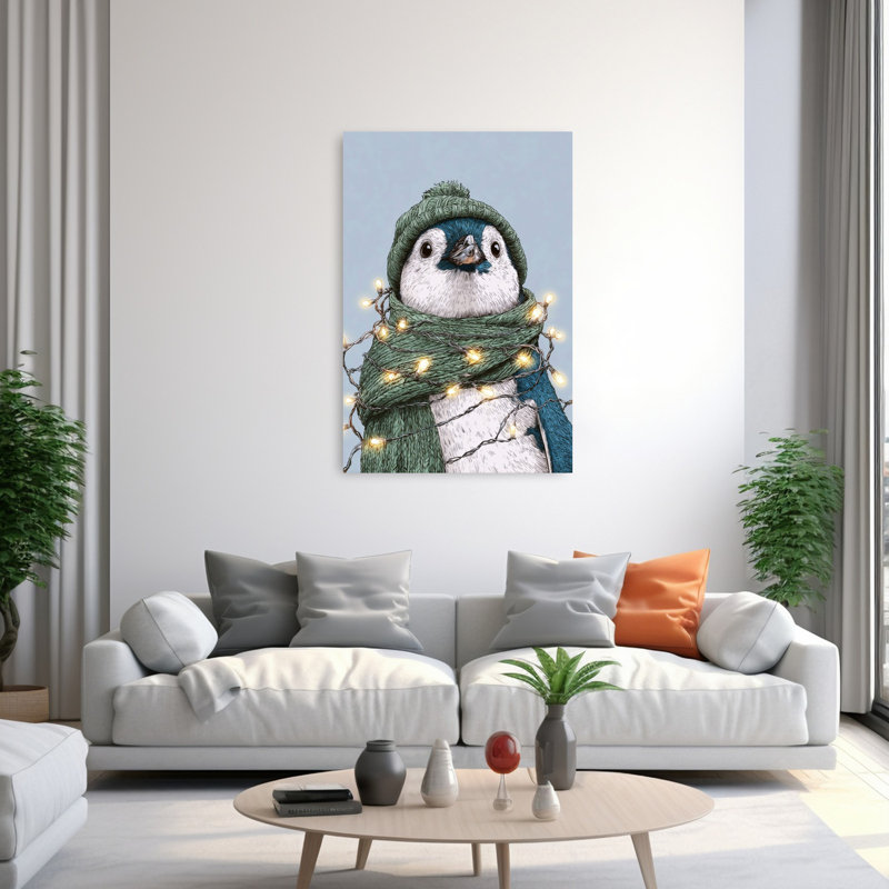 Mignon, pingouin de Noël contemporain, art mural pingouin, 60" H x 40" W