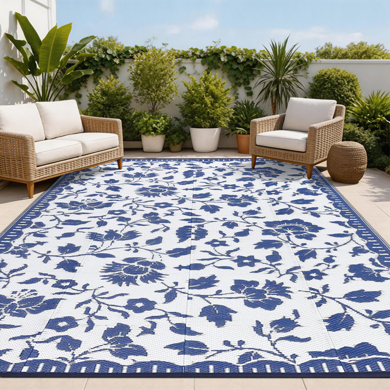 Waterproof Reversible Outdoor Patio Rug 6x9ft - Vintage Floral Plastic Straw Mat - Lightweight, UV Resistant, Portable Bag - for RV, Camping, Deck, Backyard, Beach