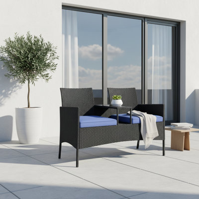 Latitude Run® Outdoor Loveseat with Built-in Table, Wicker 2-Seat Furniture with Soft Cushions, Tempered Glass Surface, Metal Frame Patio Conversation Seating Bench