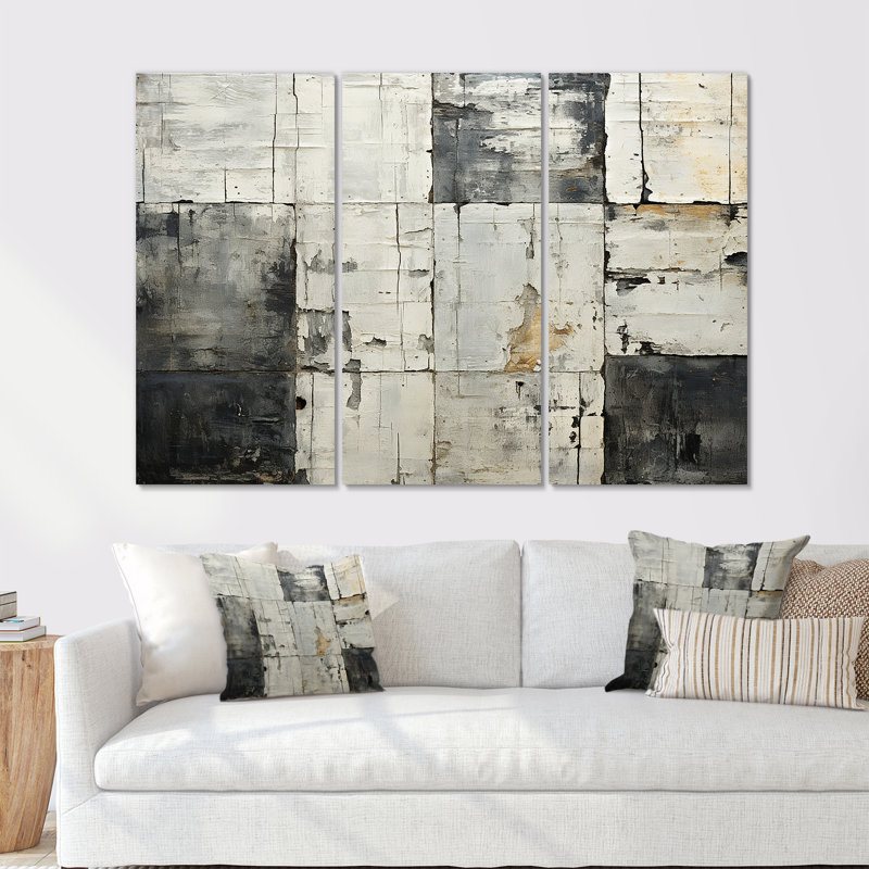 Carreau abstrait géométrique blanc et gris II - mosaïque boho, Toile tendue, H 40 po x l 61 po x P 1 po